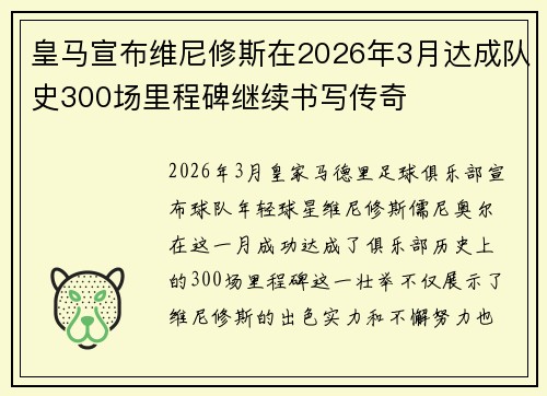 皇马宣布维尼修斯在2026年3月达成队史300场里程碑继续书写传奇 皇马宣布维尼修斯在2026年3月达成队史300场里程碑继续书写传奇